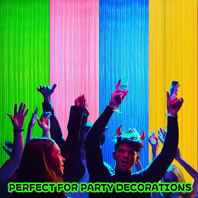 4 Pack Neon Party Decorations Glow in The Dark Party Supplies Multicolor Tinsel Foil Fringe Curtains for Birthday Party Supplies Streamers Decorations