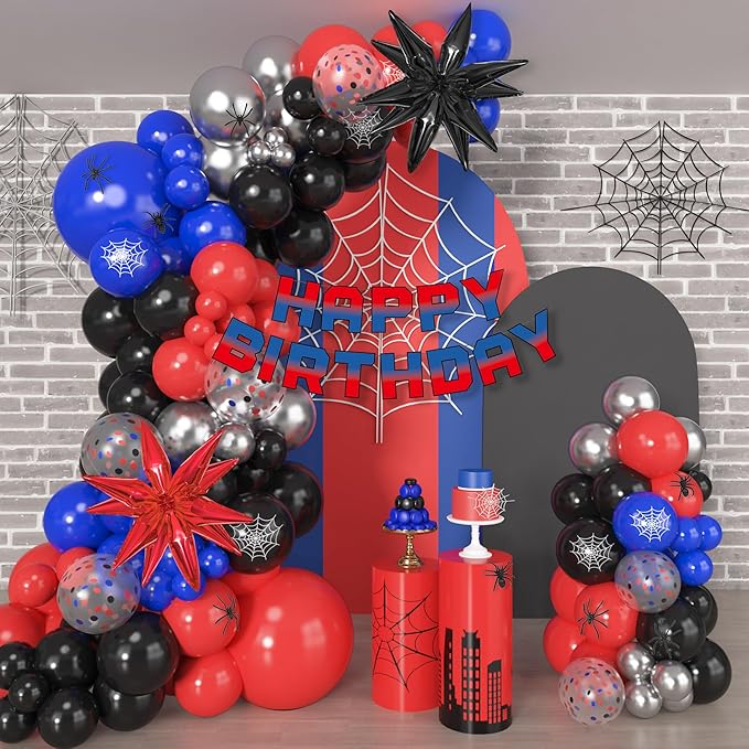 162Pcs Black Red and Blue Balloon Arch Garland Kit, Spider Theme Party Decorations with Star Foil Balloons Happy Birthday Banner for Man Boy Kids Spider Baby Shower Birthday Party Decor Supplies
