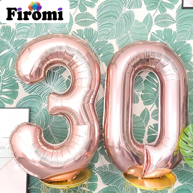 FIROMI 30 Foil Number Balloons Rose Gold 40-inch Big Giant Jumbo Mylar 30 Balloon Numbers for 30th Birthday Party Anniversary Decorations