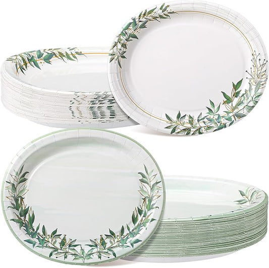Havawish 100 Pcs Sage Green Oval Paper Plates Heavy Duty 10" x 12" Disposable Dinner Size Serving Platters Large Paper Plates for Spring Wedding Baby Showers Birthday Mothers Day Party Supplies