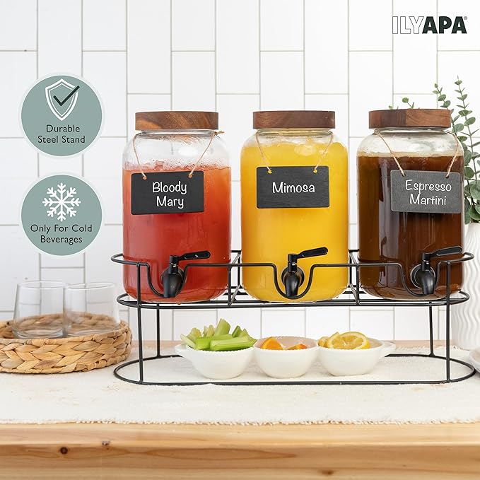 Ilyapa Glass Drink Dispenser for Parties - 3 Pack, 1 Gallon Triple Beverage Multi Drink Dispenser with Stand, Wood Tops and Black Stainless Spigots