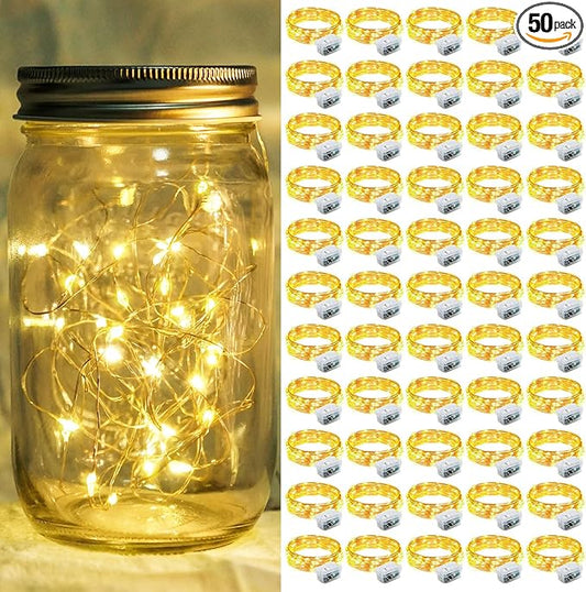50 Pack Fairy Lights 7Ft 20 LED Twinkle String Lights 3 Modes Battery Operated Waterproof Firefly Starry for Mason Jar Wedding Birthday Party Table Centerpieces Bedroom Christmas,Warm White
