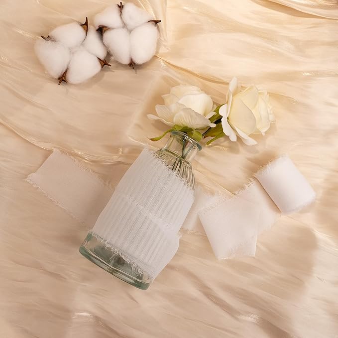 White Chiffon Ribbon, Silk 1.5''x21Yd Handmade Frayed Fringe Ribbons for Wrapping, DIY Bows, Invitations, Bridal Bouquets, Crafts, Birthday, Wedding, Halloween, Party Decorations, 3 Rolls