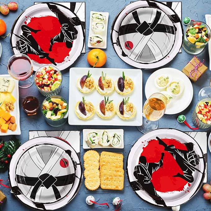 Grencian 96 Pcs Karate Party Supplies Disposable Karate Themed Plates and Napkins Tableware Sets Karate Birthday Decorations for Boys Ninja Birthday Party Decorations Martial Arts Favors Serves 24