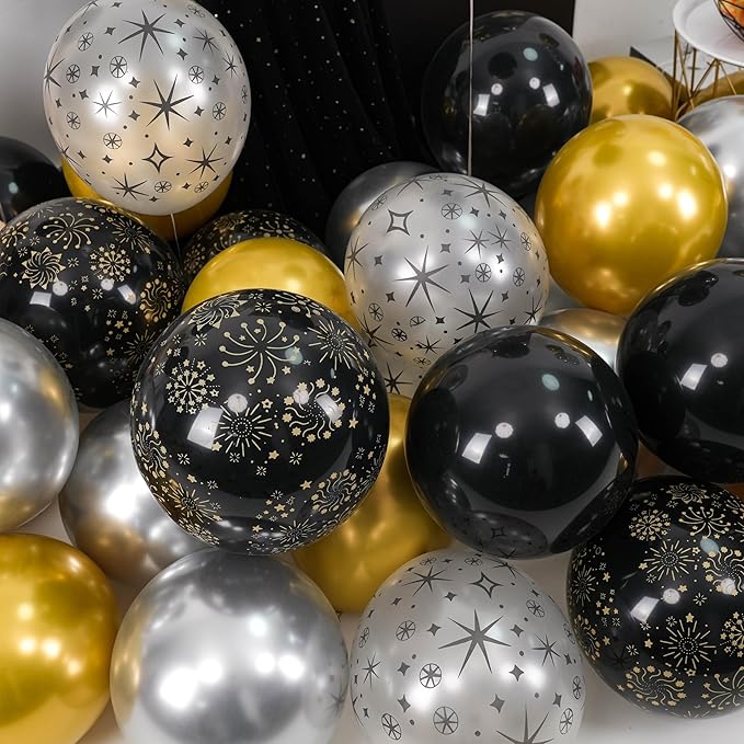 Black and Gold Balloons, Black Silver Gold Balloons, Silver Star Fireworks Printed Balloon With Star Foil Balloon For New Year Retirement Graduation Birthday Baby Shower Party Wedding Celebration