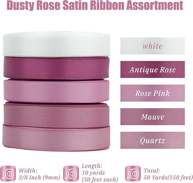Dusty Rose Ribbon 3/8 Inch Satin Ribbon, 5 Rolls 50 Yards Dusty Pink Mauve Ribbon for Wedding, Baby Shower, Gift Wrapping, Invitation Cards, Hair Bows, Crafts