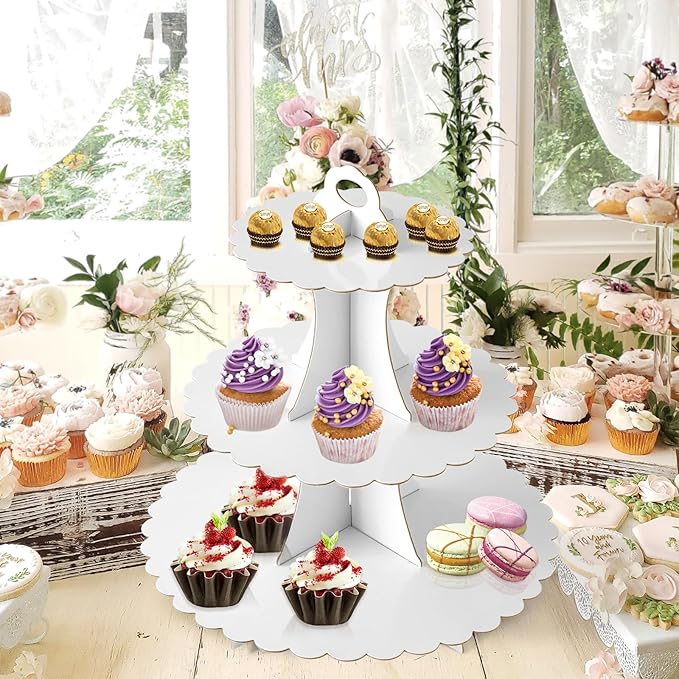 Soleebee 3-Tier Cupcake Stand, Cardboard Cupcake Tower, Dessert Cup Cake Stand Tower for Birthday Wedding Party Decoration, Cupcake Tier Stand 2 Set (White)