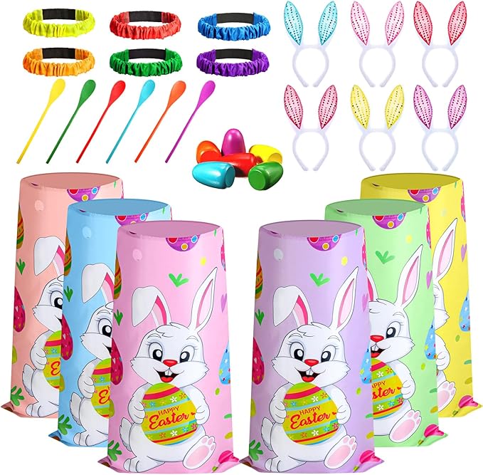 Civaner 30 Pcs Outdoor Games Set for Kids Includes 6 Bunny Potato Sack Race Bags 6 Egg and Spoon 6 Bunny Ears Headbands 6 Legged Relay Race Band for Game Party(Rainbow Color,Cute)