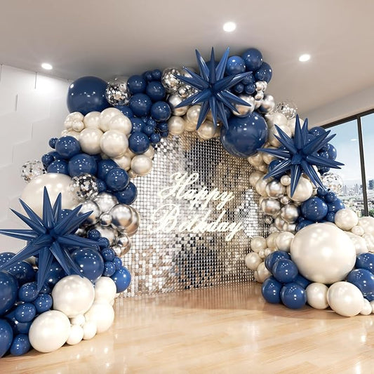 Navy Blue Silver White Balloon Arch Kit, Double Stuffed Pearl Sand White Royal Dark Blue Chrome Silver Confetti Balloons Garland Kit for Birthday Graduation 2026 New Years Party Decoration