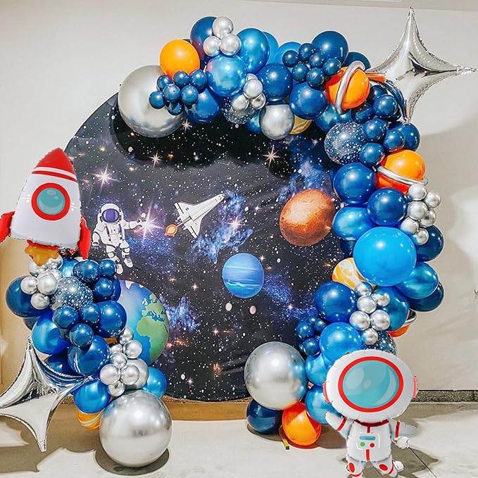 Outer Space Balloon Arch Garland Kit,119 PCS Navy Blue Metallic Silver Blue Balloon UFO Rocket Astronaut Balloons for Boys Kids Space Birthday Party Decorations