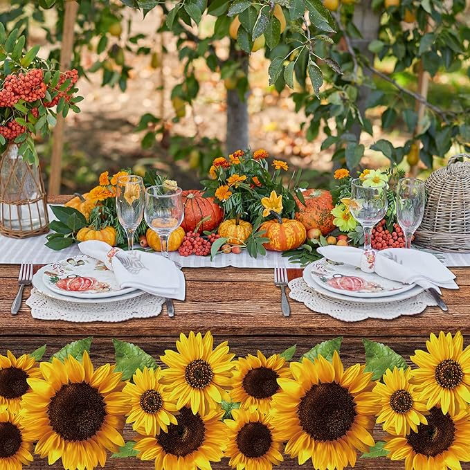Tegeme 1 Pcs Sunflower Wood Grain Plastic Rustic Tablecloth Vintage Rectangle Table Covers Countryside Outdoor Tablecloth for Dining Table Kitchen Party Banquet, 54 x 108 Inch