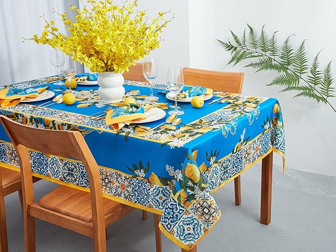 YiHomer Provence Blue Lemon Mediterranean Tile Tabletop for Spring Summer Decorations, Picnics and Dinner Parties - Indoor Outdoor, Stain and Water Resistant, Tablecloth, 60 x 102 Rectangle