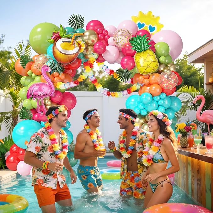 170Pcs Flamingo Tropical Balloon Arch Garland Kit, Hot Pink Olive Green Orange Teal Gold Foil Balloons Palm Leaves Hawaiian Leis for Luau Aloha Summer Beach Pool Birthday Baby Shower Party Decorations
