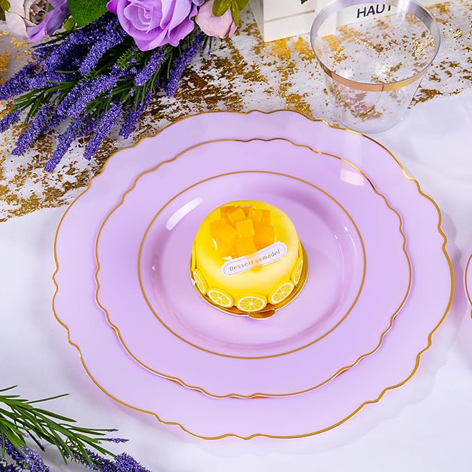 Liacere 175PCS Purple Plastic Plates-Disposable Lavender Plates 25guest Baroque Plastic Dinnerware include 50Plates, 25Pack Pre Rolled Napkins with Silverware 25Cups for Party & Wedding &Mothers Day