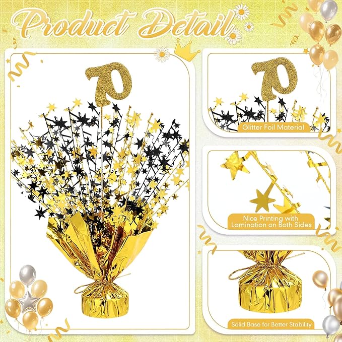 Tatuo 4 Pcs Metallic Foil Spray Centerpiece Happy 30th 40th 50th 60th 70th 80th Years Centerpiece Table Decorations for Black and Gold Birthday Anniversary Wedding Party Table Decor(70th Birthday)