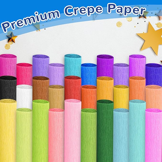 Crepe Paper Streamers 30 Rolls, 10 x 98Inch 30 Rainbow Colors Crepe Paper Sheets for DIY Gift Colourful Paper Flower Wrapping Paper Crafts Birthday Wedding Holiday Party Decorations