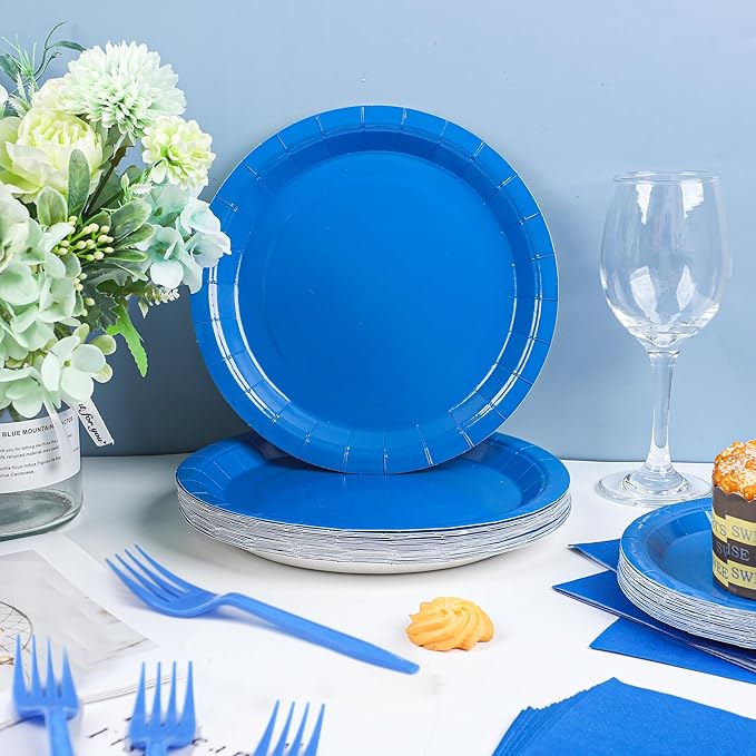 100 Count Blue Paper Plates, Napkins, and Forks - Disposable Party Tableware Set for Wedding, Birthday, Bridal Shower, Baby Shower - Serves 25