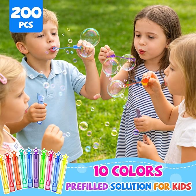 EagleStone 200 PCS Mini Bubble Wands in 10 Colors, Bulk Party Favors for Kids, Birthday, Easter Basket Stuffer, Christmas, Valentine’s, Carnival, Classroom Prizes, Goodie Bag Stuffers for Boys & Girls