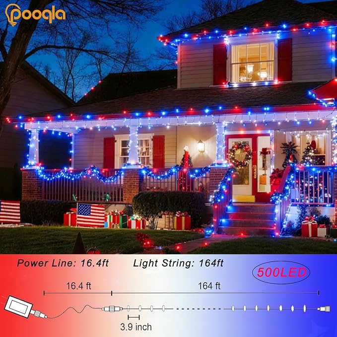 Pooqla 500 LED 164 FT Red White and Blue Lights, 4th of July Patriotic Decoration Twinkle Lights, 8 Modes Plug in 4th of July String Lights for Indoor Outdoor Independence Day Decorations, Clear Wire