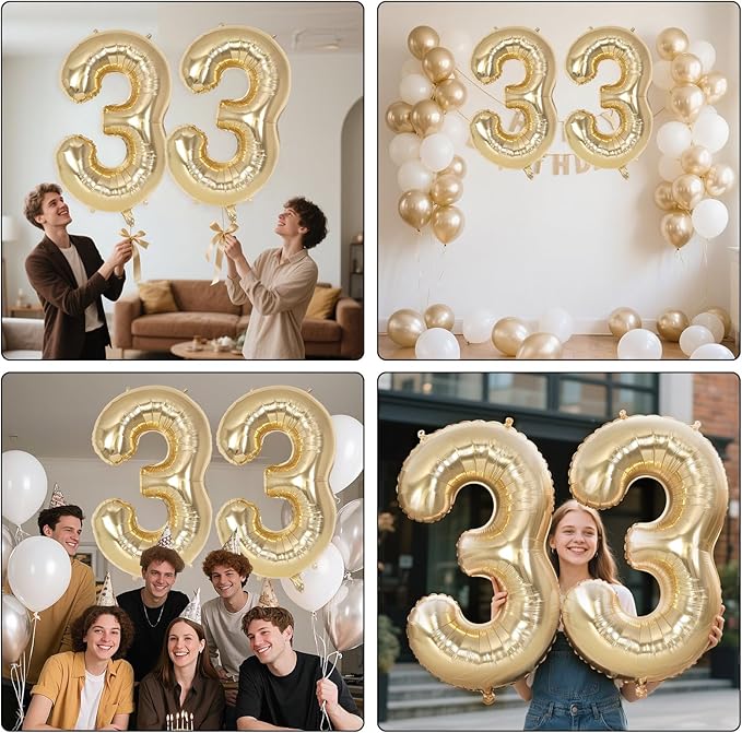 Champagne Gold Large Number 33 Balloon, 40 Inch Light Gold Foil Helium Number Balloons, Giant Mylar Number 33 Balloons for 33 Years Old Birthday Party Anniversary Decorations (Champagne Gold 33)