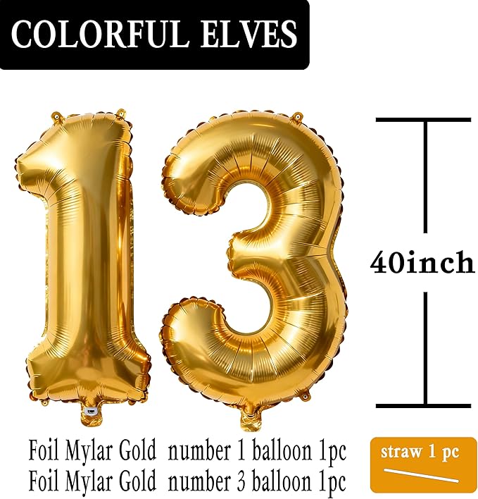 Gold Number 13 Balloons 40 Inch Giant Number Gold 13 Foil Mylar Balloons for 13th Birthday Anniversary Events Party Decorations
