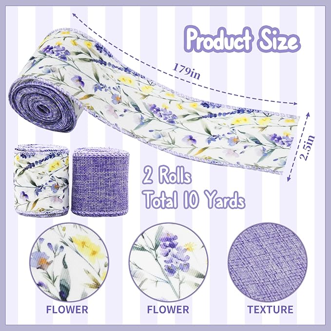 Lavender Floral Wired Ribbon Set, 2 Rolls 2.5 Inch Wide, 10 Yards Total, Rustic Lavender Burlap Ribbon for Wedding Decor, Baby Shower, Wreaths, Spring Summer Home Decor, Mother's Day Decor