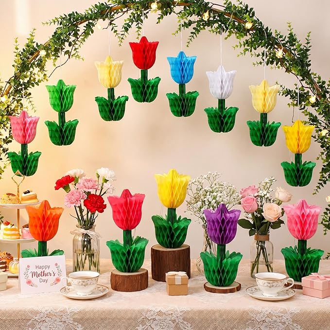 Colingmill 10 Pcs Spring Flower Honeycomb Centerpieces Tulip Mother's Day Decoration Spring Flower Party Supplies Tulip Floral Tabletop for Home Office Garden Wedding Tiered Tray Party Decor