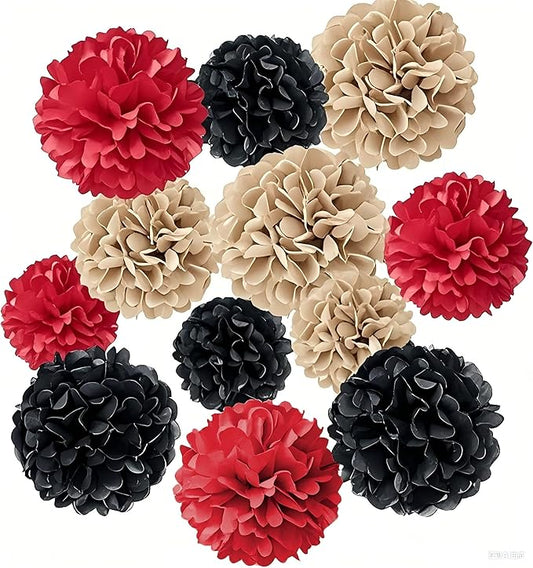 Tissue Paper Pompoms Paper Flower 12 Pcs ，Gold Red and Black, Paper Flower Ball for Birthday Party Baby Shower Bridal Shower Celebration Party Decoration