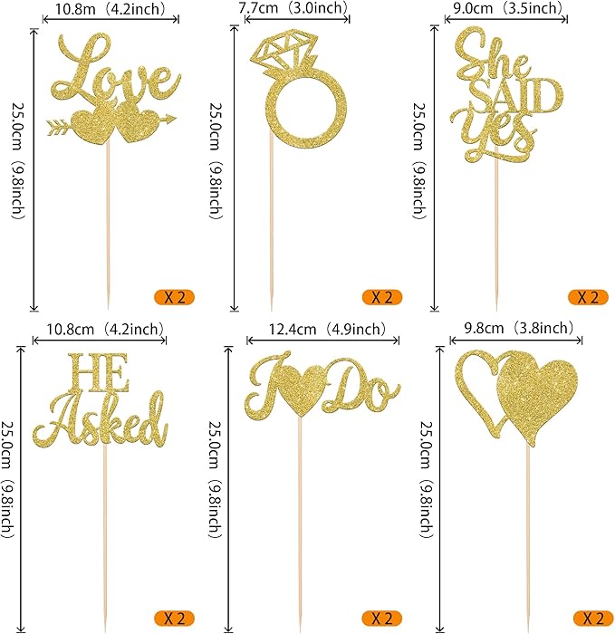 12 Pack He Asked She Said Yes Centerpiece Sticks Love Heart I do Ring Table Centerpiece Sticks for Wedding Engagement Bridal Theme Party Supplies Gold (gold)