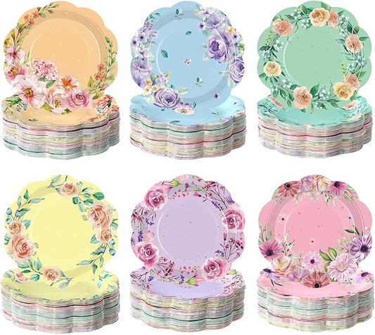 Funnymoom 60 Pcs Floral Party Plates Floral Disposable Paper Plates, 7 Inch Elegant Vintage Garden Dinner Dish for Tea Party, Bridal Shower, Baby Shower, Birthday Supplies