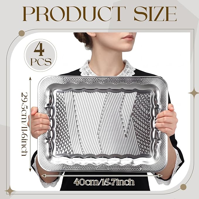 4 Pack 15.8" x 11.6" Large Silver Serving Trays for Dessert Table Stainless Steel Platters Floral Engraved Mirror Serving Platters for Wedding, Desserts, Party Food Display (Retro)