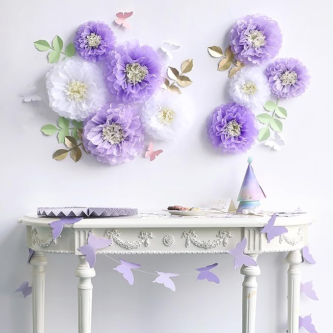 Fonder Mols Tissue Paper Chrysanth Flowers with Butterfly and Olive Leaves for Wedding Baby Shower Nursery Room Parties & Events Decorations Pom Poms (Purple White)