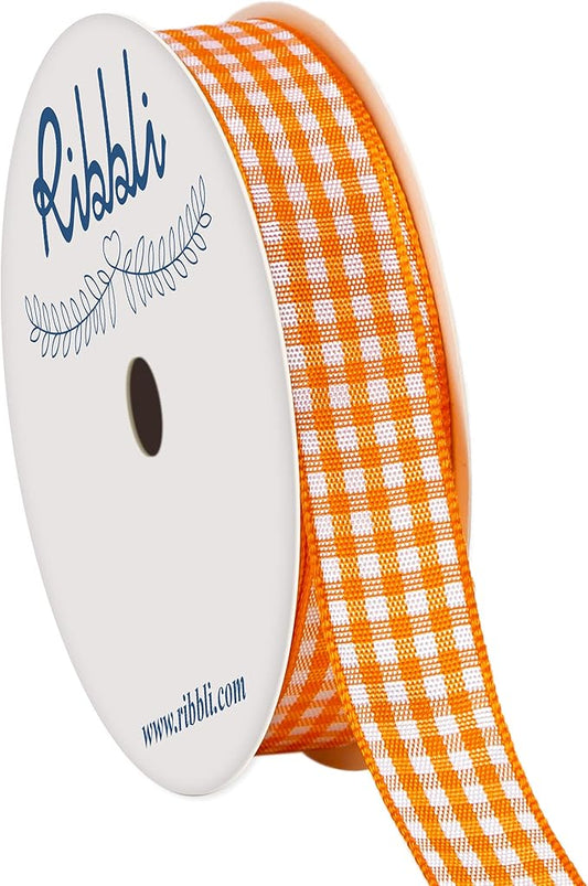 Ribbli Orange and White Gingham Ribbon,100% Polyester Woven Edge,5/8 Inch x 10 Yard,Plaid Ribbon Use for Gift Wrapping,Floral Design,Hair Bows