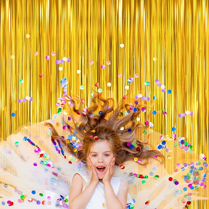 Gold Metallic Tinsel Foil Fringe Curtains Backdrop 2Pack 3.3x8.3Ft Gold Party Streamers for Birthday Party Decorations Halloween Christmas Decors Foil Curtain Backdrop for Bachelorette Wedding