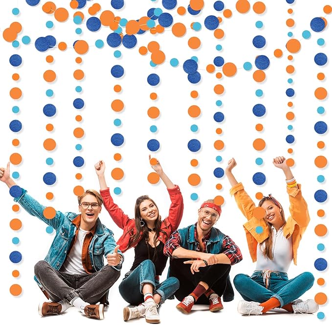 Outus 10 Pieces Orange,Blue Round Dots Garland Graduation Party Hanging Decor Each Length 13.1ft Glitter Paper Dot Streamers for Birthday Wedding Classroom Supplies