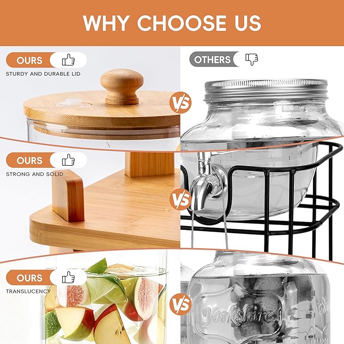 1.5 Gallon 2 Pack Glass Drink dispenser for parties,Beverage Dispenser With Wood Stand,Water Dispensers with spigot,lemonade dispenser,juice containers & water pitcher with lid