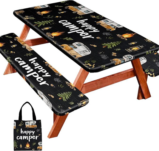 Picnic Table Cover with Bench Covers, Camping Essentials, Fitted Camping Tablecloth with Bag, Waterproof and oilproof with elastic Edge for Indoor Outdoor Patio, 72in (RV Camper)