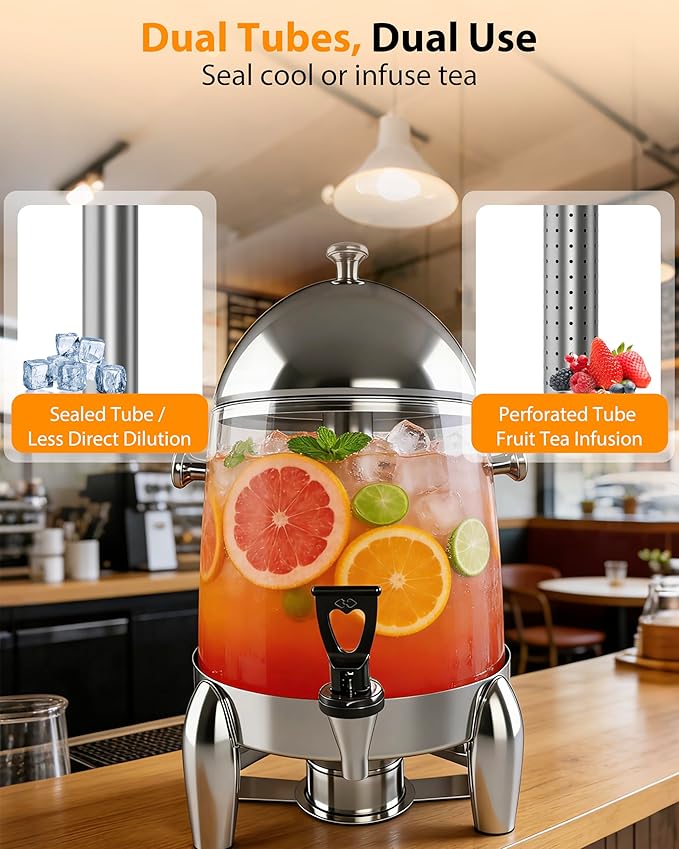 Beverage Dispenser with Stand, 3 Gallon Drink Dispenser for Parties,Events,Buffet &Self-Serve,Dual Ice Tube Core Fruit Infuser,Leakproof Spigot,Clear PC Container, Stainless Steel Lid&Base