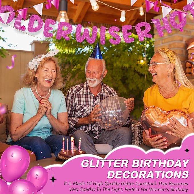 Fulmoon Set of 3 Pre Strung Older Wiser Hotter Glitter Banner Funny Birthday Banner for Women 30th 40th 50th 60th 70th 80th Birthday Party Decorations Sign Gift(Hot Pink)
