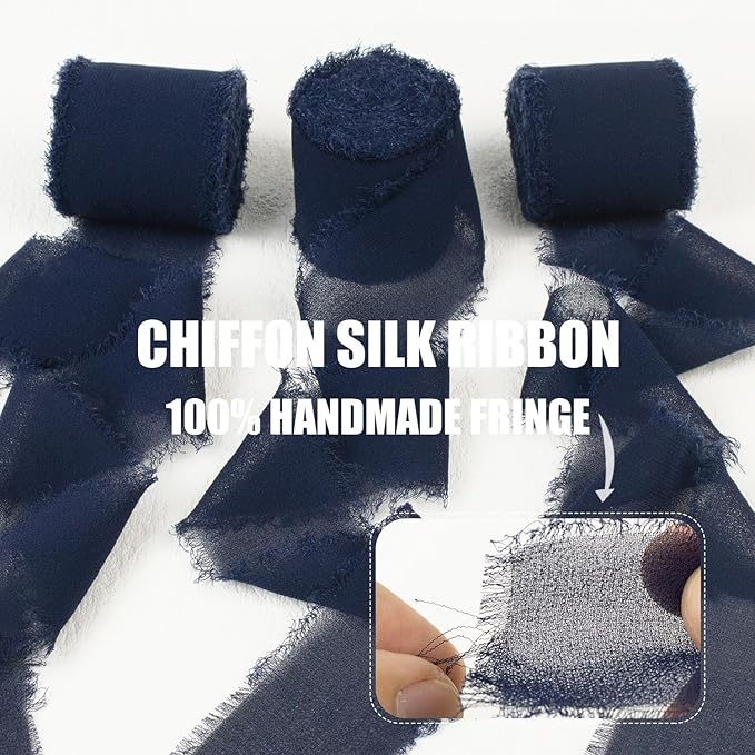 Navy Blue Chiffon Ribbon 1-1/2 Inch x 21 Yards Handmade Fringe Chiffon Silk Ribbon Frayed for Wrapping, Wedding Invitation, Bridal Flower Bouquets, Crafts