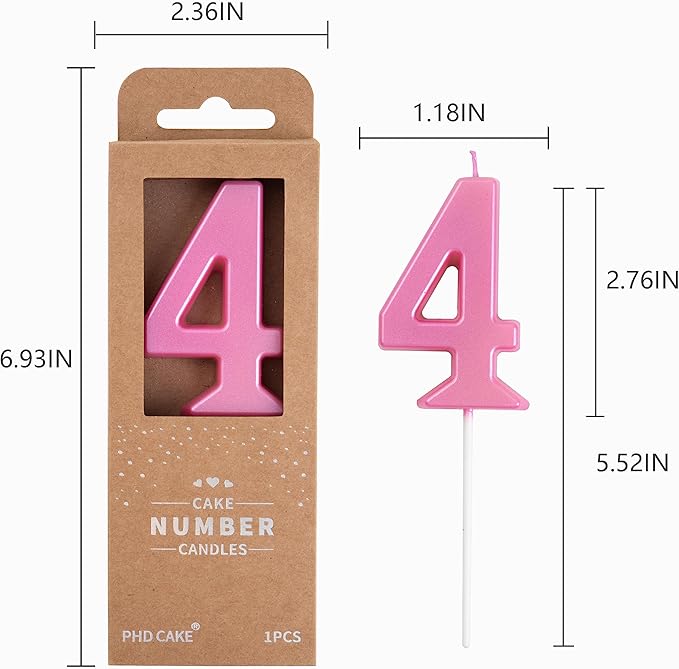 PHD CAKE 2.76 Inch Modern Pink 4 Number Birthday Candles, Pink Number Candles, Cake Number Candles, Party Celebration