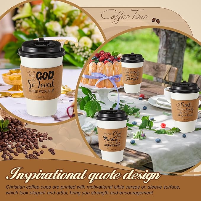 Jingmore 100 Set 12oz Christian Coffee Cups with Lids and Sleeves Disposable Bible Verse Paper Hot Cups for Religious Party Favors Sunday School Church Baptism