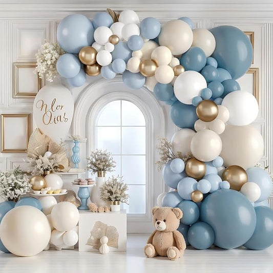 Dusty Blue White Gold Balloon Arch Kit, Blue and White Balloons with Light Dusty Blue White Beige Chrome Gold Balloons Garland Kit for Gender Reveal Bridal Shower Wedding Birthday Party Decorations
