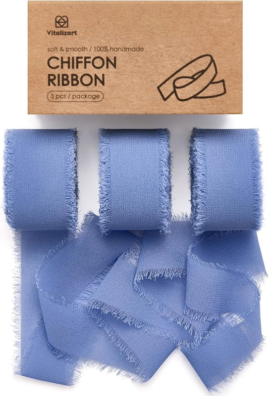 Vitalizart Dusty Blue Chiffon Silk Ribbon 1" x 21 Yd Fringe Fabric Package (3 Rolls * 7 Yd) for Wedding Invitations Bridal Bouquets Decorations Gifts Wrapping & Bow Making