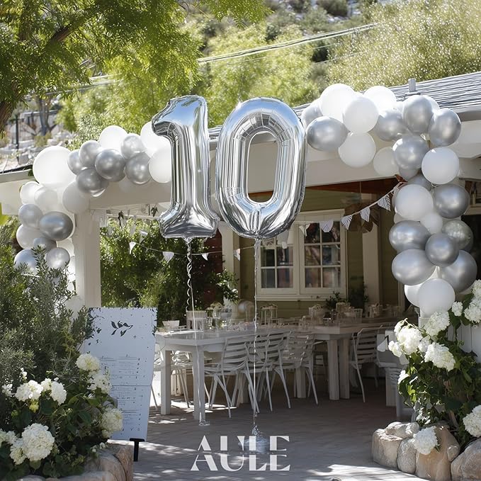 AULE 40 Inch Large 10 Balloon Numbers Silver, Big Foil Number Balloons, Giant Helium Happy 10th Birthday Party Decorations for Man and Women, Huge Mylar Anniversary Party Supplies