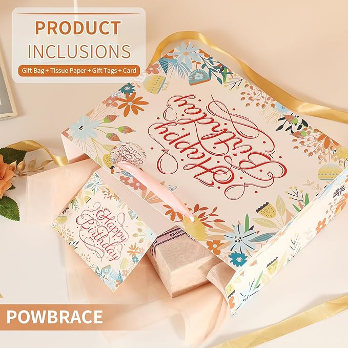 Powbrace 13" White Happy Birthday Gift Bag with Tissue Paper and Greeting Card for Patry, Happy Birthday Gift Bag for Women, Gift Bags Medium size(1 PCS Flower Gifts Bag)