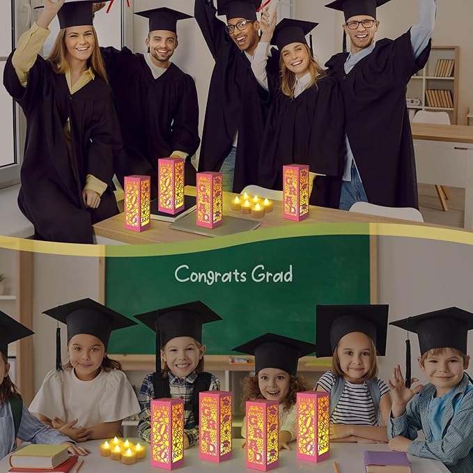Rossesay 6 Pcs Graduation Table Centerpieces Boxes Class of 2026 Graduation Lanterns for Centerpieces with LED Candles Congrats Grad School College Photo Props for Party Table Decoration (Pink)