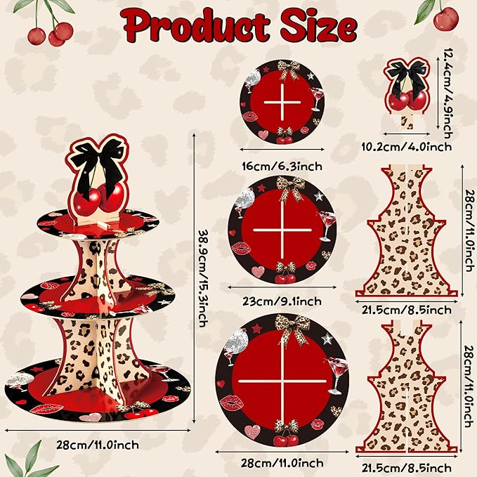 Haooryx Cheetah Cherry Cupcake Stand - 3 Tier Red Cherry Bow Leopard Print Cupcake Tower Cardboard Dessert Holder Pastry Platter for Baby Shower Girls Birthday Wedding Holiday Party Table Decoration