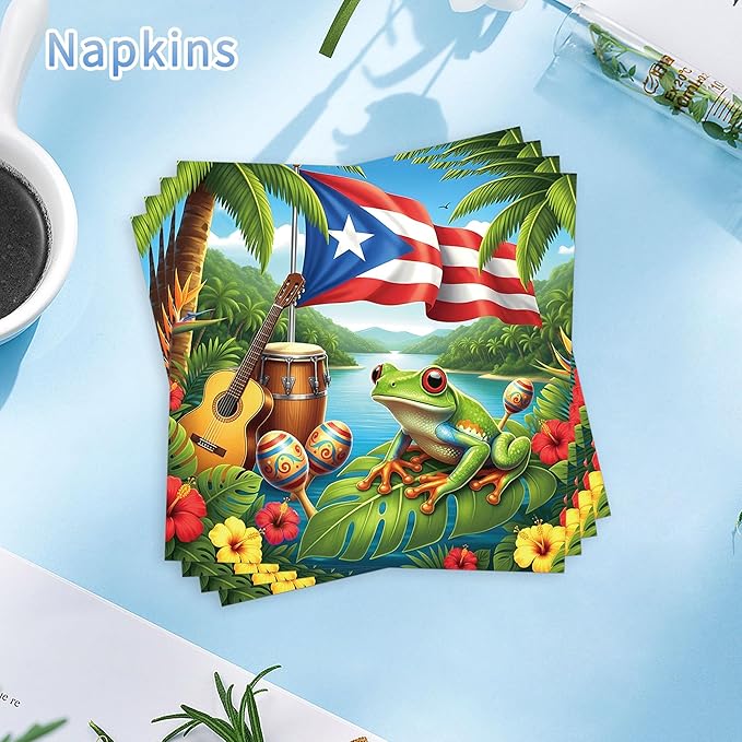 Puerto Rico Party Decorations, 96 Pcs Puerto Rican Flag Tropical Frog Plates Napkins Forks, Disposable Dinnerware for Puerto Rico Birthday Fiesta Theme Party Decor Tableware Set for 24 Guests