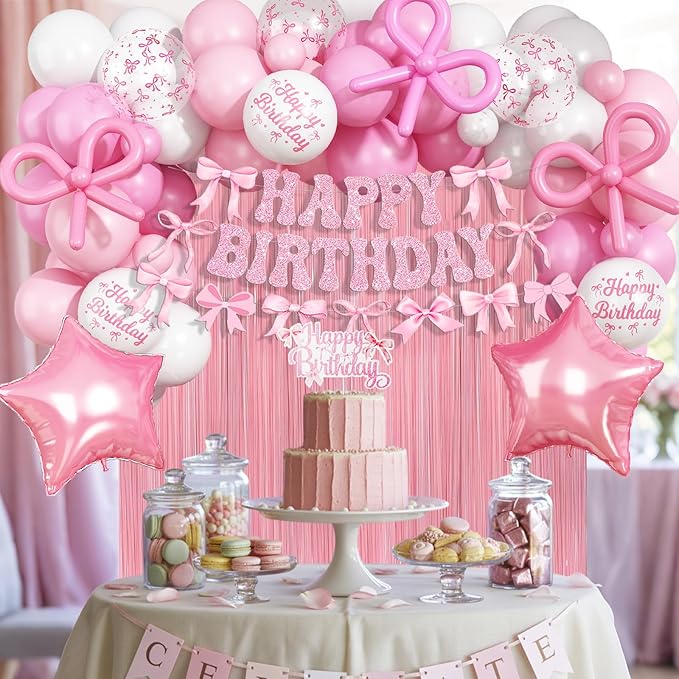 Pink Bow Birthday Decorations, Coquette Party Decoration for Girls Women Pastel Light Pink White Bow Latex Balloons Happy Birthday Banner Cake Topper for Baby Shower Bachelorette Party Decor Supplies